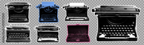 Collage kit with typewrites. Grunge elements for bold design. Cutout stickers at the transparent bg