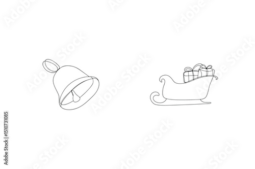 Christmas bell and santa's sleigh line art illustration on white background for festive designs