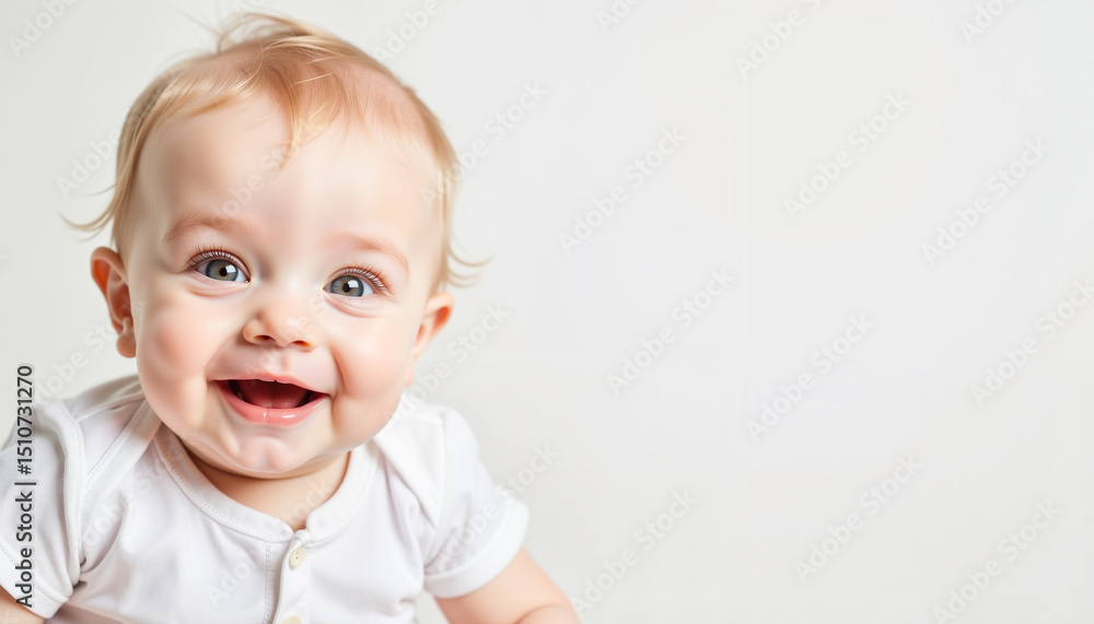 Baby Happy Smiling Sitting Plain White Background, Childhood Joy Purity. For Baby Care, Parenting, Advertising, Stock Use Baby Happy Smiling Sitting Plain White Background, Childhood Joy Purity. For Baby Care, Parenting, Advertising, Stock Use
