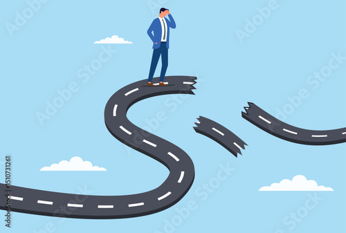 Vector illustration of a confused businessman standing at the end of a broken road, symbolizing unexpected obstacles, uncertainty in a career or business journey
