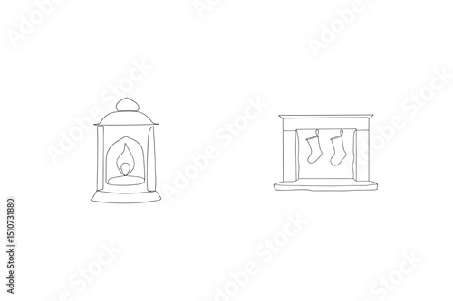 Wallpaper Mural Christmas cozy line art illustrations with lantern and fireplace stockings decorations Torontodigital.ca
