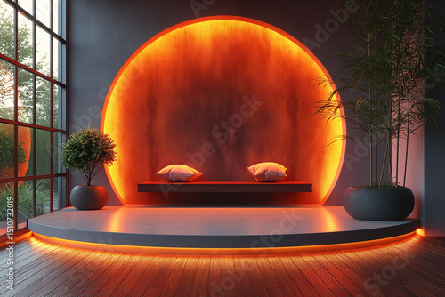 Fototapeta Naklejka Na Ścianę i Meble -  A room with a large orange wall and a circular bench