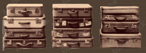 Collage kit with luggage stacks. Grunge elements for vintage design. Cutout stickers at the brown and beige striped bg. Travel concept.