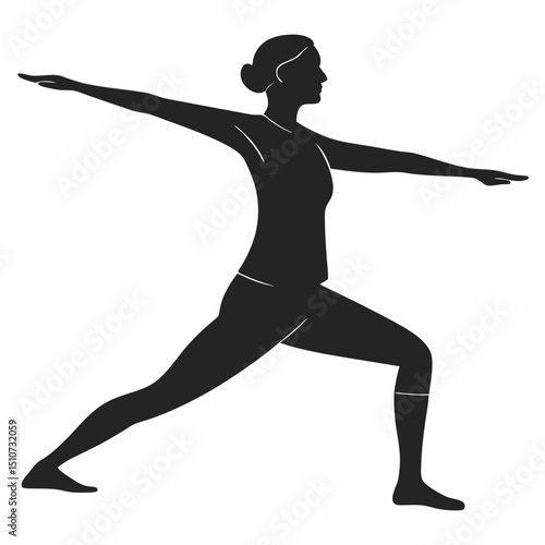 Silhouette of a woman in warrior two yoga pose with arms extended and legs in a lunge position