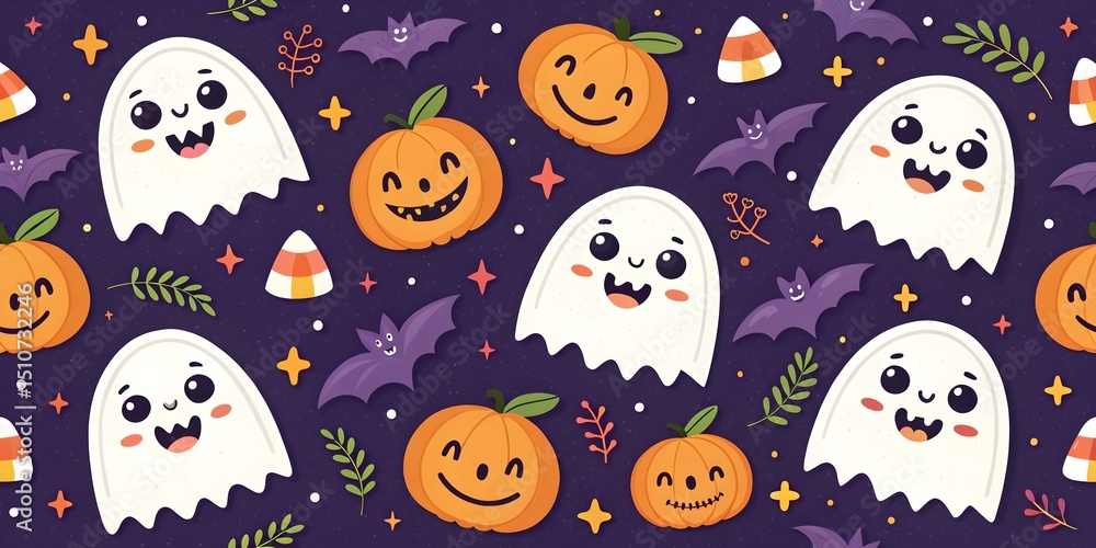 Cute Halloween seamless pattern with ghosts and pumpkins Cute Halloween seamless pattern with ghosts and pumpkins