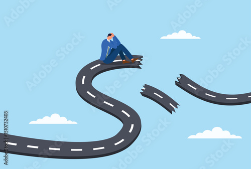 Vector illustration of a businessman sitting in despair at the end of a broken road, symbolizing career failure and facing unexpected obstacles on the journey to success
