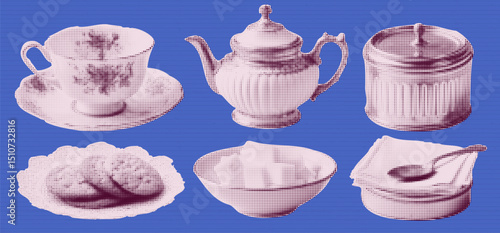 Collage kit with tea cup collection. Grunge elements for vintage design. Cutout stickers at the blue striped bg. Tea and coffee concept