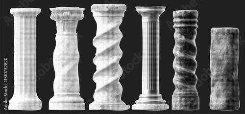 Collage kit with columns collection. Halftone elements for vintage design. Cutout stickers at the black  bg. Pillar and architect concept.
