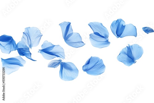 Floating light blue flower petals on white
