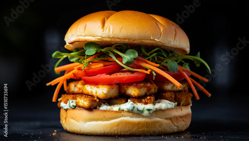 Delicious vegetarian paneer burger with fresh vegetables, including tomatoes, carrots, and greens, served on a bun with a creamy sauce on a dark background