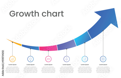 Vector infographic arrow template with 6 steps. Business growth concept. Can be used for web design, timeline, diagram, chart, graph, business presentation.