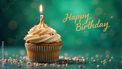 A single cupcake with a lit candle and 