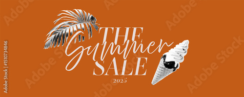 The summer sale banner. Red bg with bold trendy beige typography, Simple template design with collage elements. Ice cream and palm leaf.
