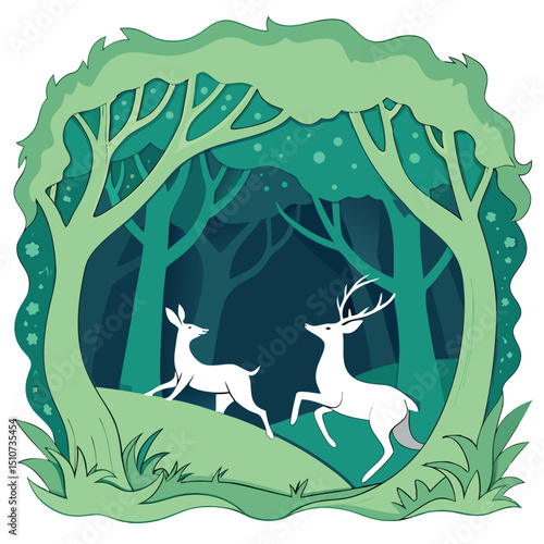 Whimsical Paper-Cut Forest Scene with Deer: Vibrant Layered Woodland Illustration