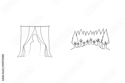 Simple line drawing of figure behind curtains and a row of trees in nature
