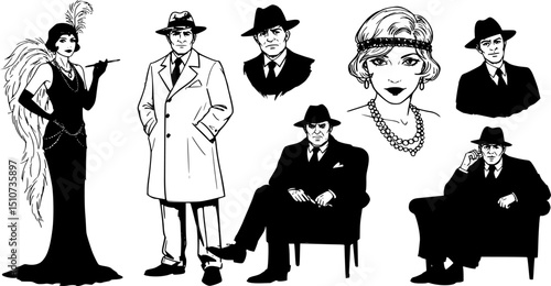 Vector art people set. Gatsby style set. Group of retro woman and man. design in 20's style. sketch style mafia and gangsters