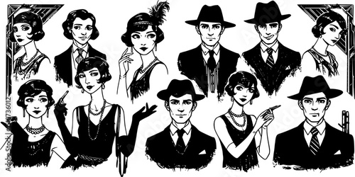Vector art people set. Gatsby style set. Group of retro woman and man. design in 20's style. sketch style mafia and gangsters