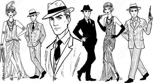 Vector art people set. Gatsby style set. Group of retro woman and man. design in 20's style. sketch style mafia and gangsters