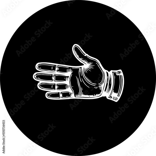 Stylized monochromatic hand gesture illustration within a circular frame design