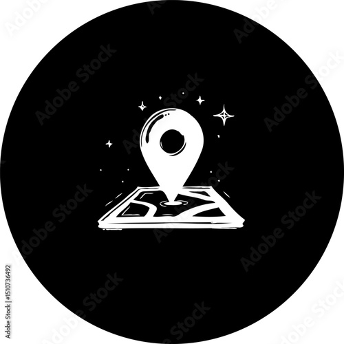 Whimsical Location Marker on a Detailed Map, Set Against a Dark Backdrop