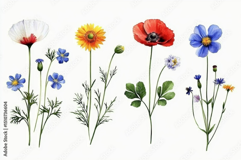 Fototapeta premium Artistic Watercolor Renderings of Classic Flowers: Perfect for Any Decor.