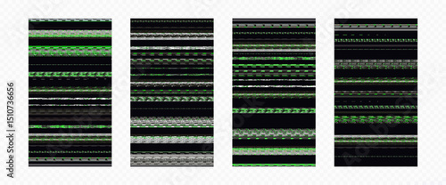 Glitch screen of phone. Set of glitch screens on transparent background. Abstract pixel noise signal. Display affected by visual glitch