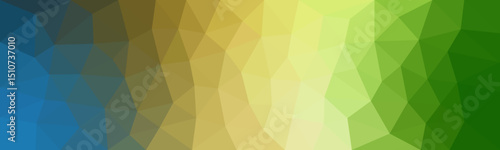 Low-poly abstract background with a gradient transitioning from deep blue to green through brown, yellow, and light green hues, creating a colorful geometric mosaic effect.

