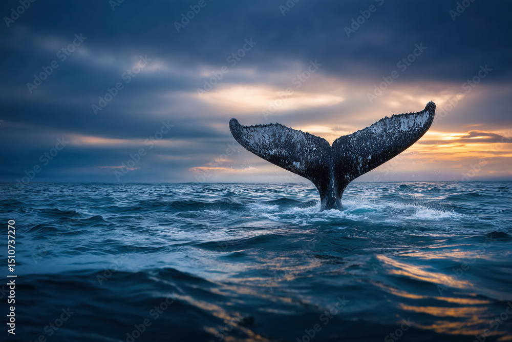 Obraz premium Majestic Whale Tail Breaching at Sunset: A Breathtaking Ocean Scene. Discover the beauty of marine wildlife in this stunning nature photograph. #Whale #Ocean #Nature