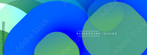 Abstract composition featuring overlapping translucent circles. Blue, green hues dominate design, creating dynamic visual effect. Minimal text present.