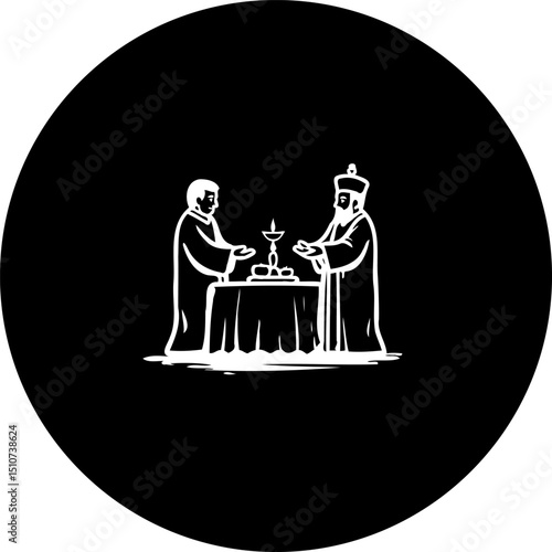 Illustrative depiction of an orthodox ceremony involving two figures and a table
