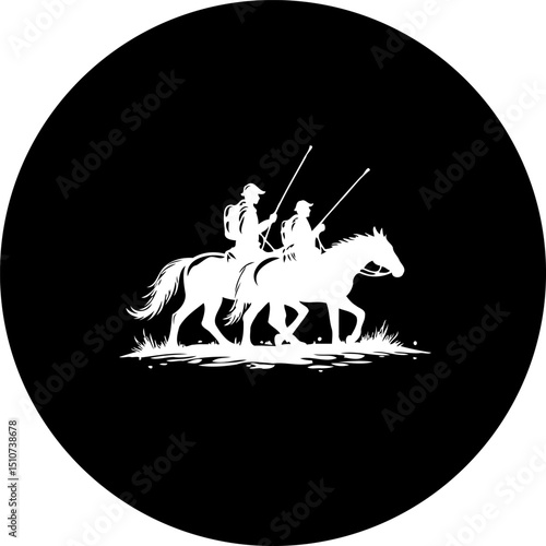 Equestrian adventure: Silhouette depiction of two riders astride horses on terrain
