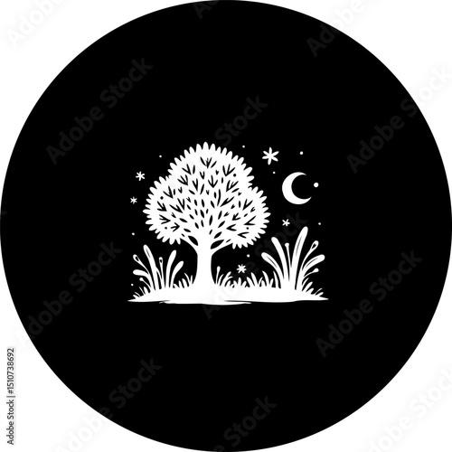Stylized nocturnal landscape with silhouetted tree, moon, and celestial elements