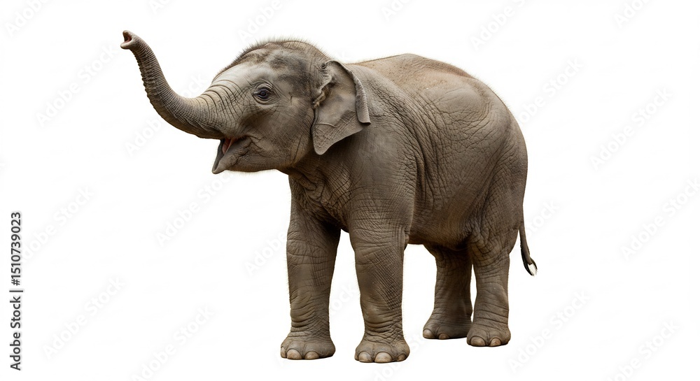 Fototapeta premium Playful baby elephant stands against bright white background. AI Generated