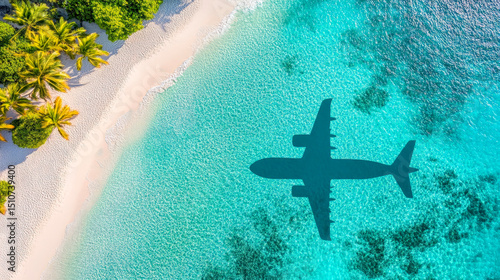 Stunning aerial tropical beach view with airplane shadow overhead ideal for travel blogs destination marketing drone photography and vacation inspiration