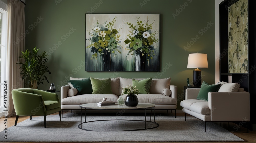 Modern living room with green accents and floral art Modern living room with green accents and floral art