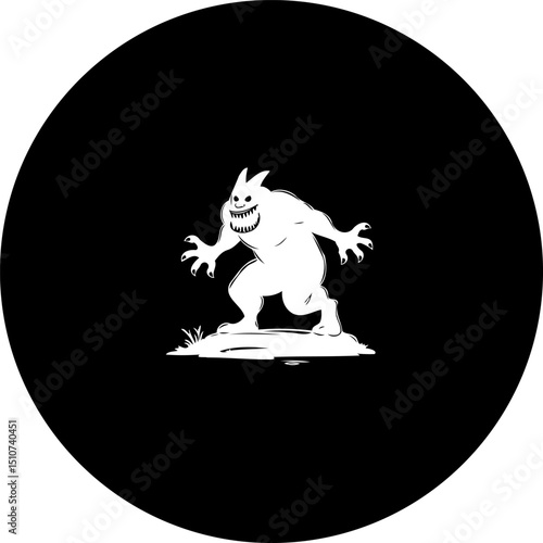 Monochrome monster figure set against circular field of nocturnal darkness