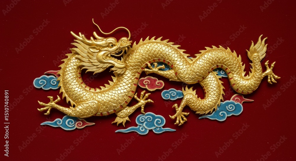 Obraz premium A golden dragon, intricately detailed, amidst stylized clouds, set against a deep red background