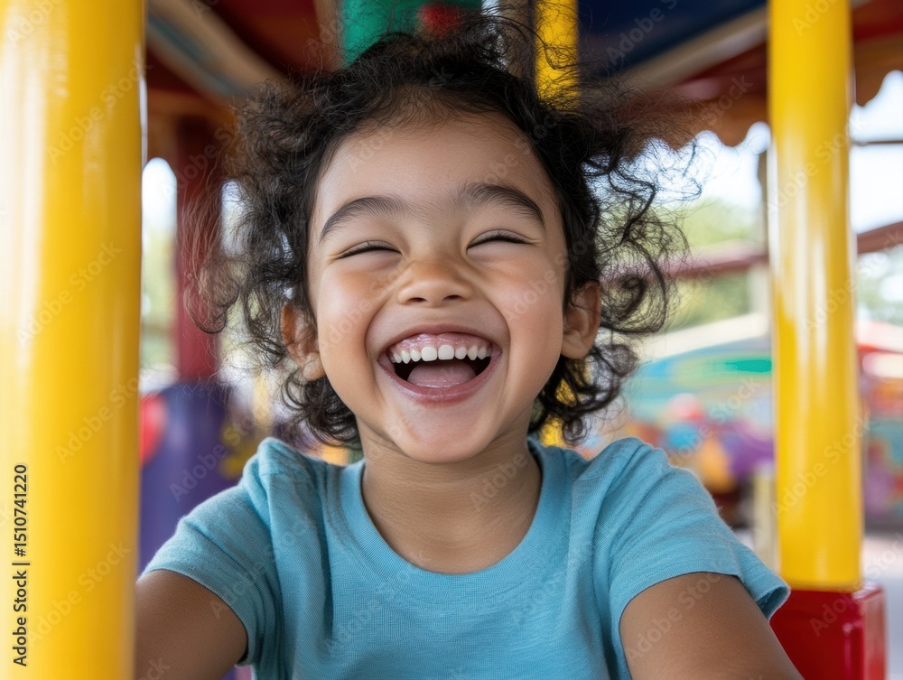 Joyful mixed race girl playing on playground equipment outdoors Joyful mixed race girl playing on playground equipment outdoors
