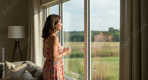 Woman in floral dress gazes out large window at serene countryside vista, sunlight illuminating the scene