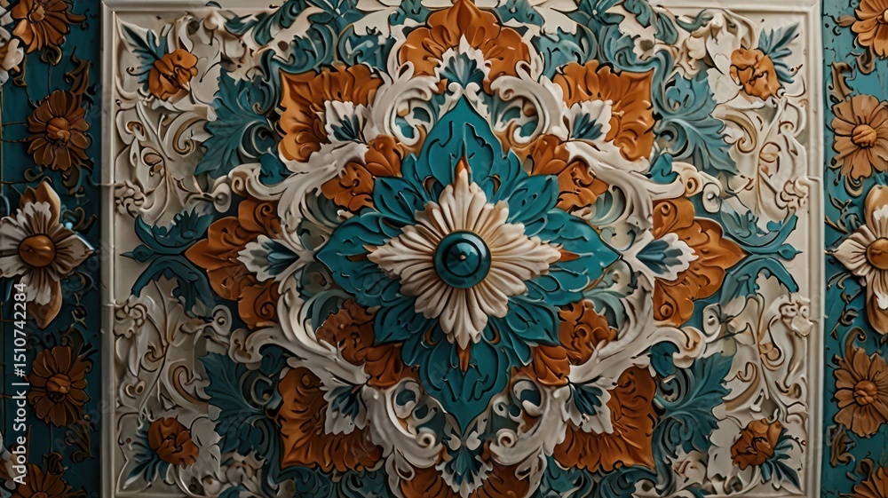 Ornate ceiling panel with detailed floral carvings in teal, orange, and cream Ornate ceiling panel with detailed floral carvings in teal, orange, and cream