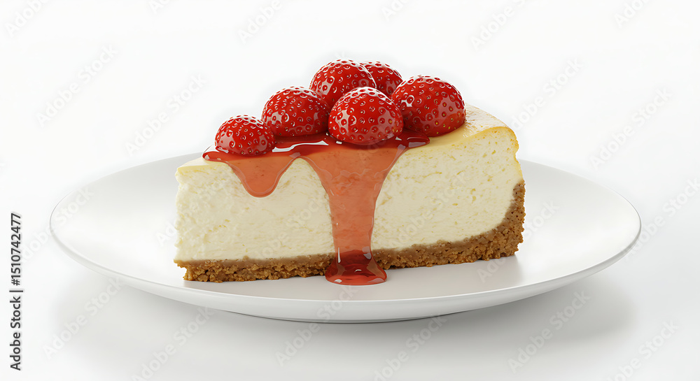 Classic New York-style cheesecake slice with strawberry topping, served on a white ceramic plate, isolated on pure white background, soft diffused lighting, high-resolution studio shot Classic New York-style cheesecake slice with strawberry topping, served on a white ceramic plate, isolated on pure white background, soft diffused lighting, high-resolution studio shot