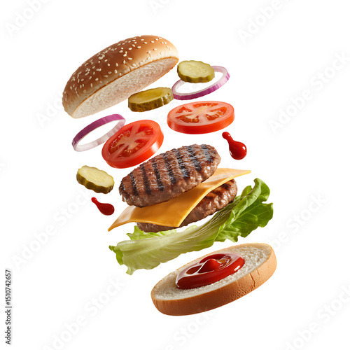 Delicious Juicy Burger Exploding with Fresh Ingredients Lettuce Tomato Onion Pickles Cheese Patty Bun