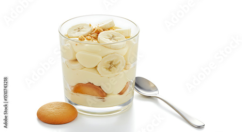 Wallpaper Mural Banana pudding in a clear glass cup with layers of vanilla pudding, banana slices, and wafers, placed on white surface with small spoon, isolated on white background, soft lighting Torontodigital.ca