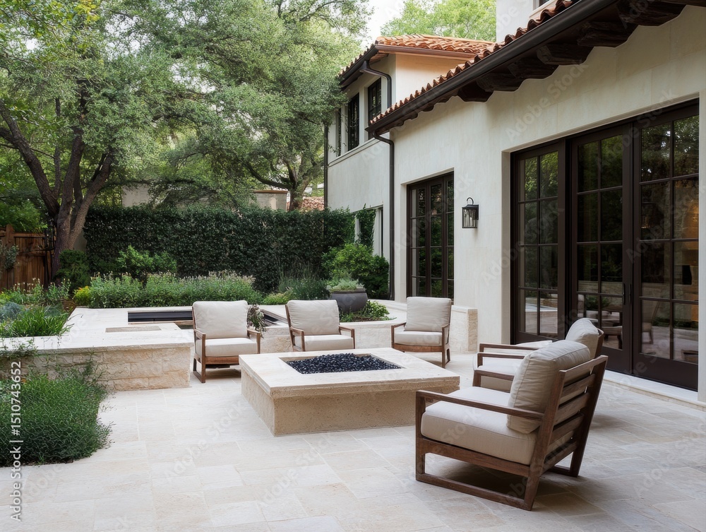 Obraz premium Serene backyard with outdoor furniture and fire pit during daytime