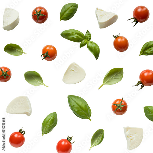 Fresh Mozzarella Cheese Slices Tomatoes Basil Leaves Black Background Food Pattern