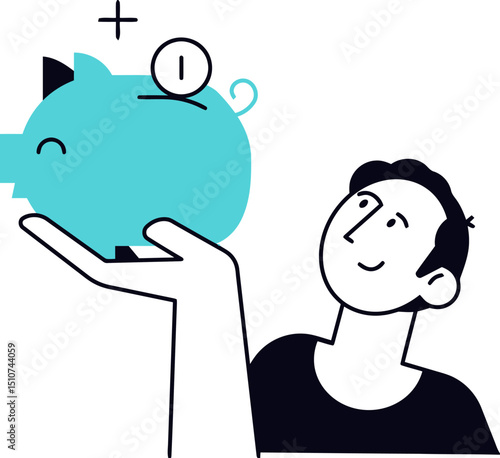Cartoon illustration of man saving money with piggy bank for financial planning and success concept vector art illustration