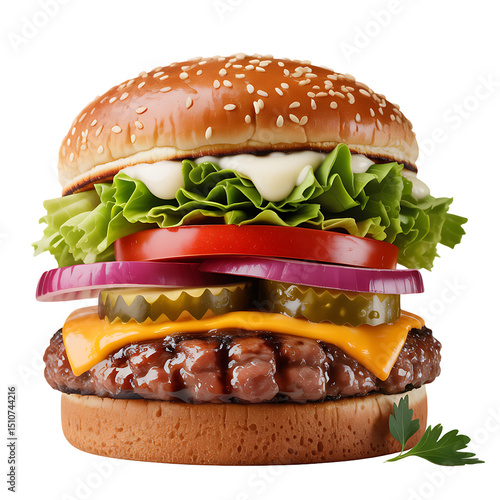 Juicy Cheeseburger with Lettuce, Tomato, Onion, and Pickles on a Sesame Seed Bun