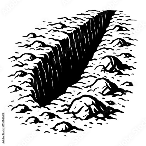 Rough Black and White Hand-Drawn Trench or Ditch Clipart - Construction & Excavation Graphic
