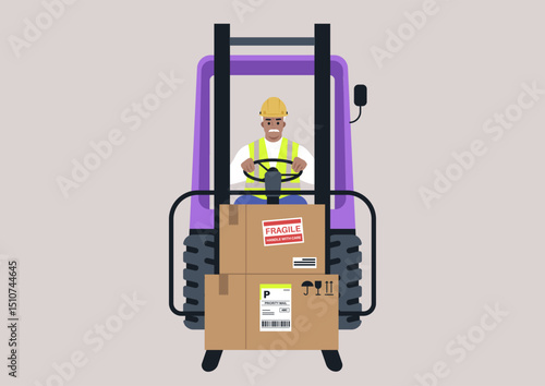 In a bustling warehouse environment, a skilled operator navigates a forklift, carefully delivering a fragile package. Bright safety gear emphasizes the importance of safety procedures