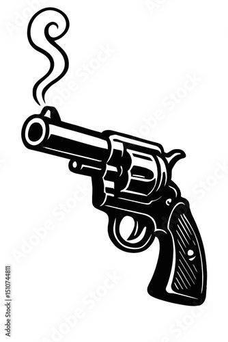 Monochrome vector illustration of a smoking revolver, ideal for themes of crime, justice, or mystery.